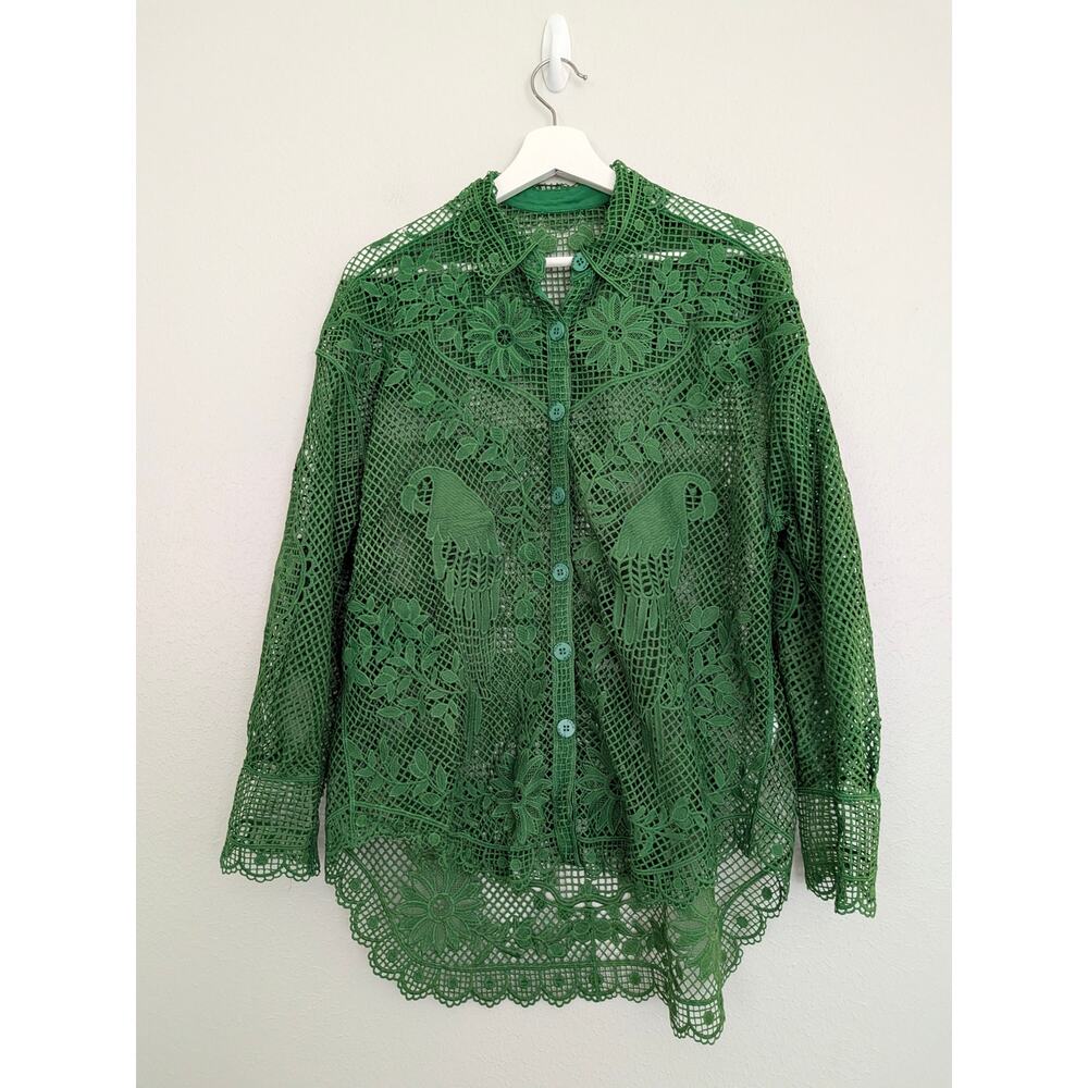 Farm Rio Green Landscape Guipure Lace Button Up Shirt Blouse Size XL EUC No Slip - Picture 3 of 6